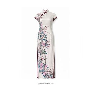 Vintage Ivory Textured Floral Cheongsam Dress